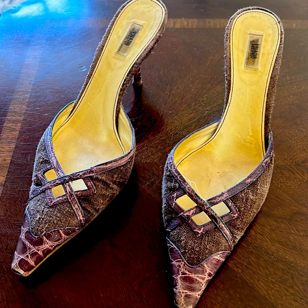 Authentic Prada linen and croc mules